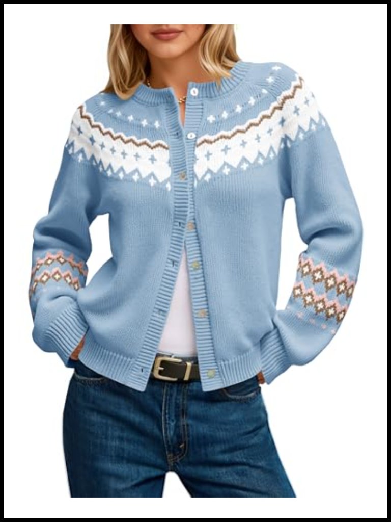 Women's Fair Isle Button Up Cardigan Sweater, Long Sleeve Open Front Knit
